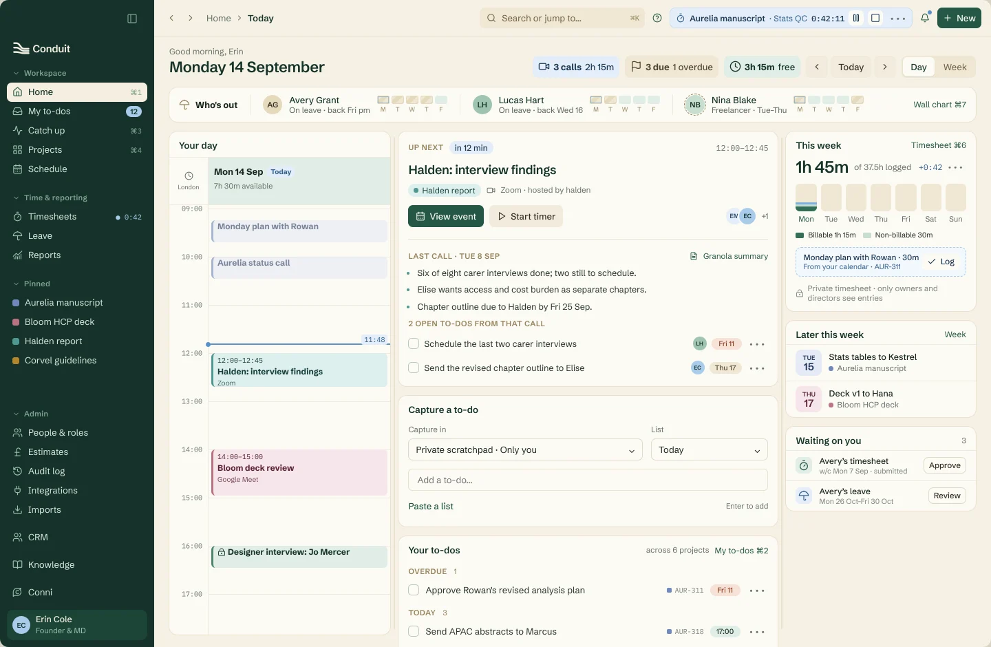 Replacing Float, Basecamp, Leave Dates and a pile of spreadsheets with Conduit, an AI-enabled Mac app for Synthesis Health - client project